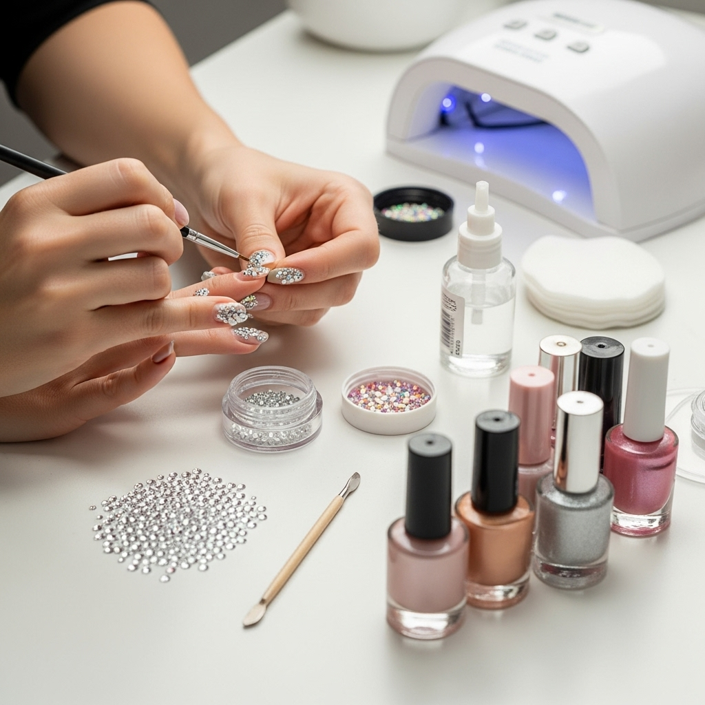 Generate an eye-catching, high-quality featured image prompt for a blog post about: Crystal Nail Des