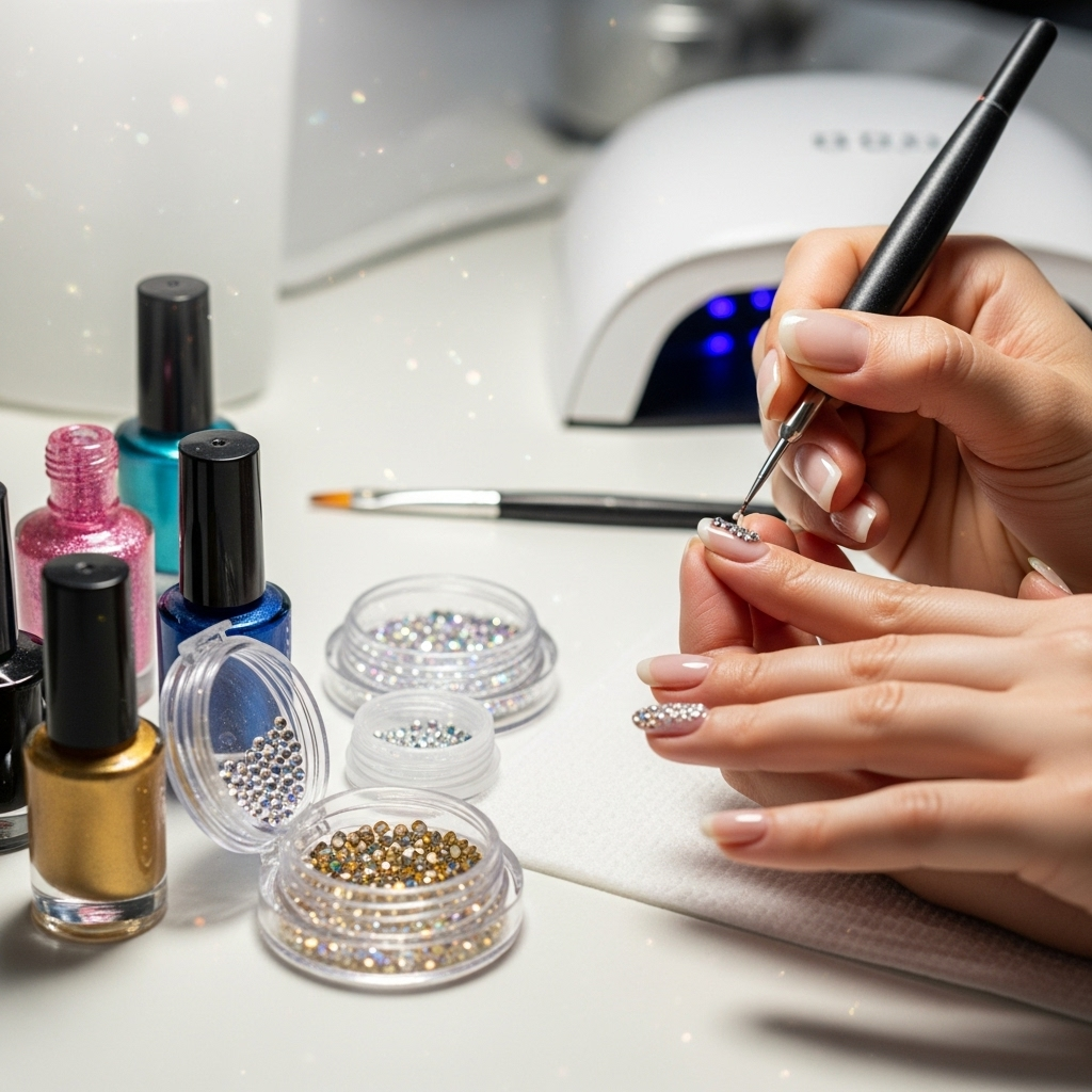 Generate an eye-catching, high-quality featured image prompt for a blog post about: Crystal Nail Des