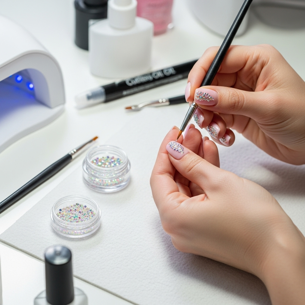 Generate an eye-catching, high-quality featured image prompt for a blog post about: Crystal Nail Des