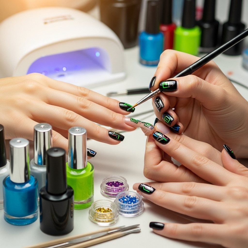 Generate an eye-catching, high-quality featured image prompt for a blog post about: Cyberpunk Nail D