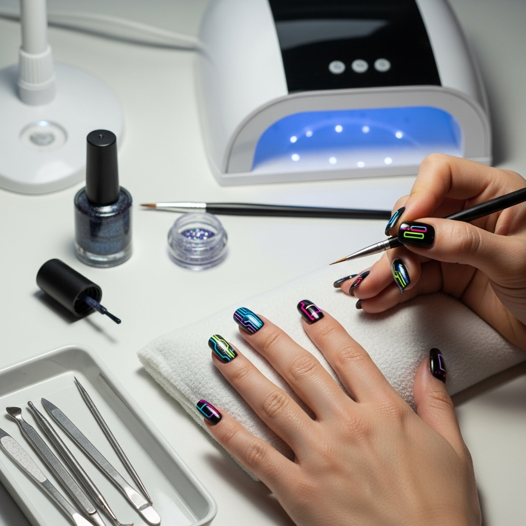 Generate an eye-catching, high-quality featured image prompt for a blog post about: Cyberpunk Nail D