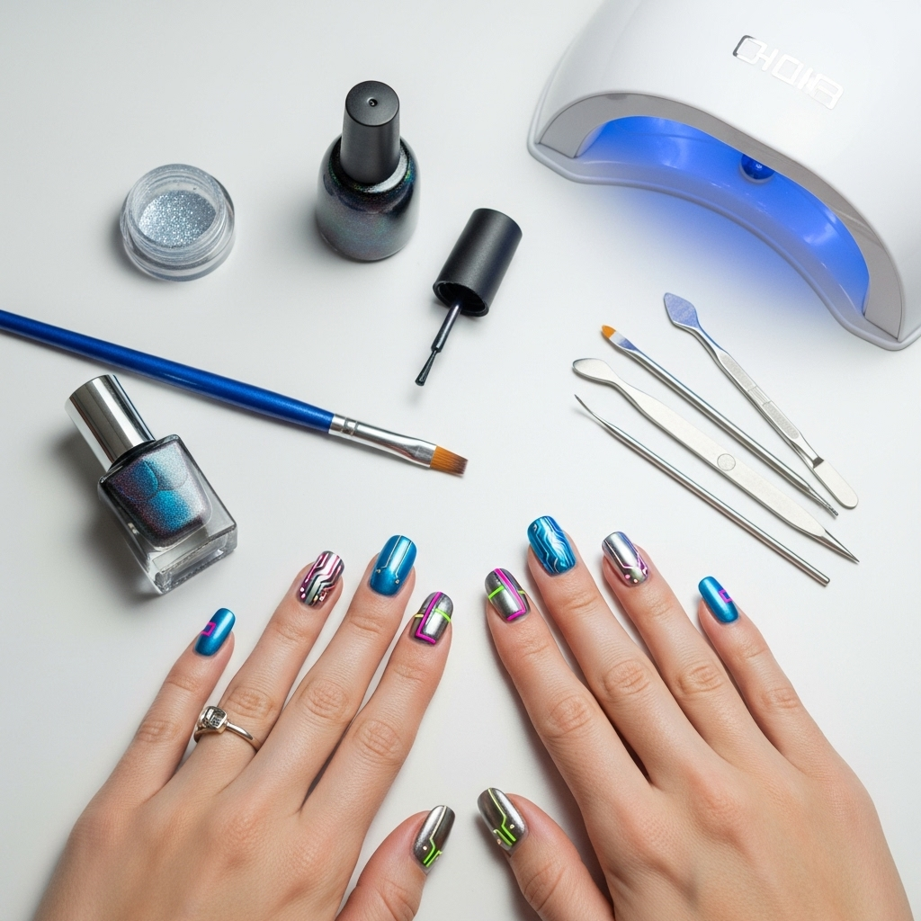 Generate an eye-catching, high-quality featured image prompt for a blog post about: Cyberpunk Nail D