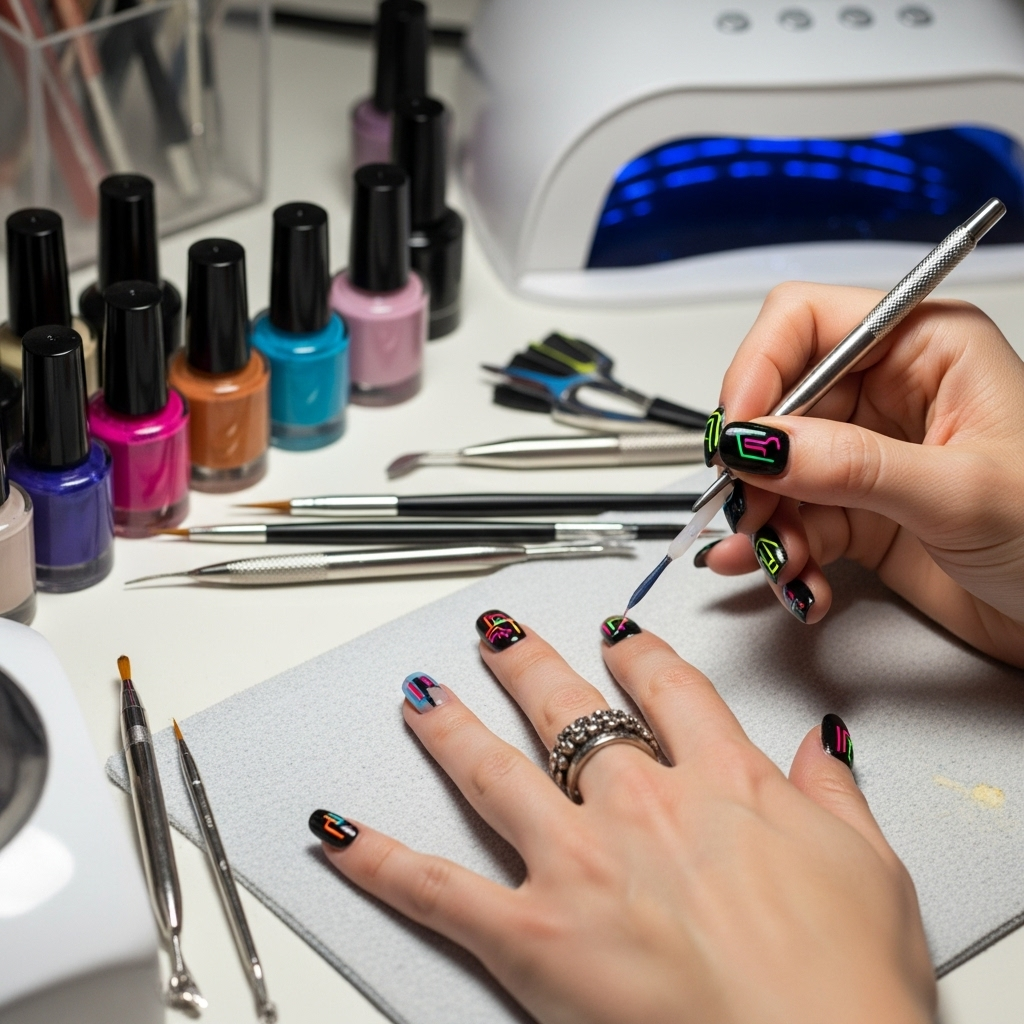 Generate an eye-catching, high-quality featured image prompt for a blog post about: Cyberpunk Nail D