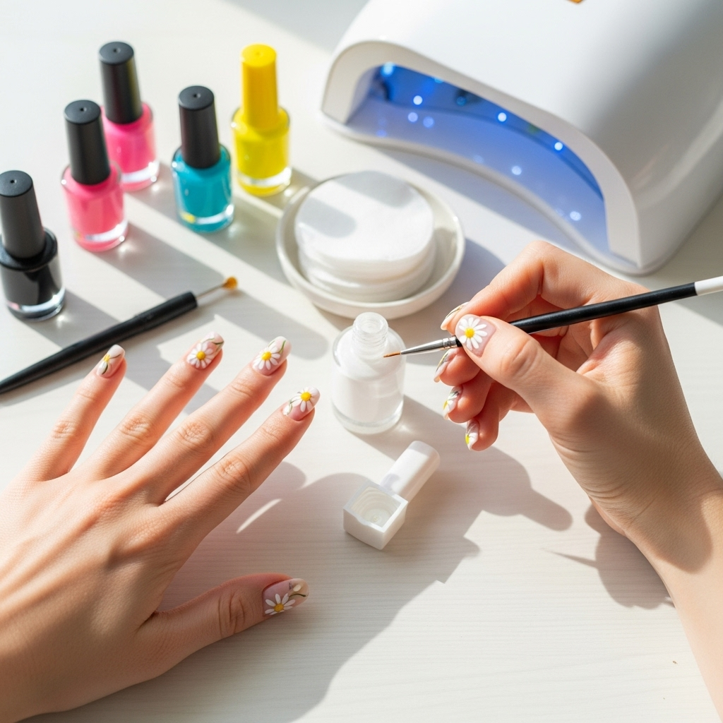Generate an eye-catching, high-quality featured image prompt for a blog post about: Daisy Nail Desig