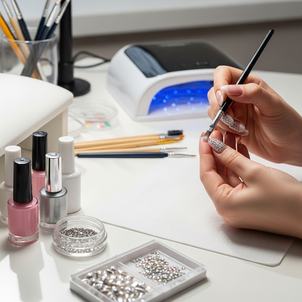 Diamond-Studded Nail Design: Essential Sparkle 4 Generate an eye-catching, high-quality featured image prompt for a blog post about: Diamond-Studded