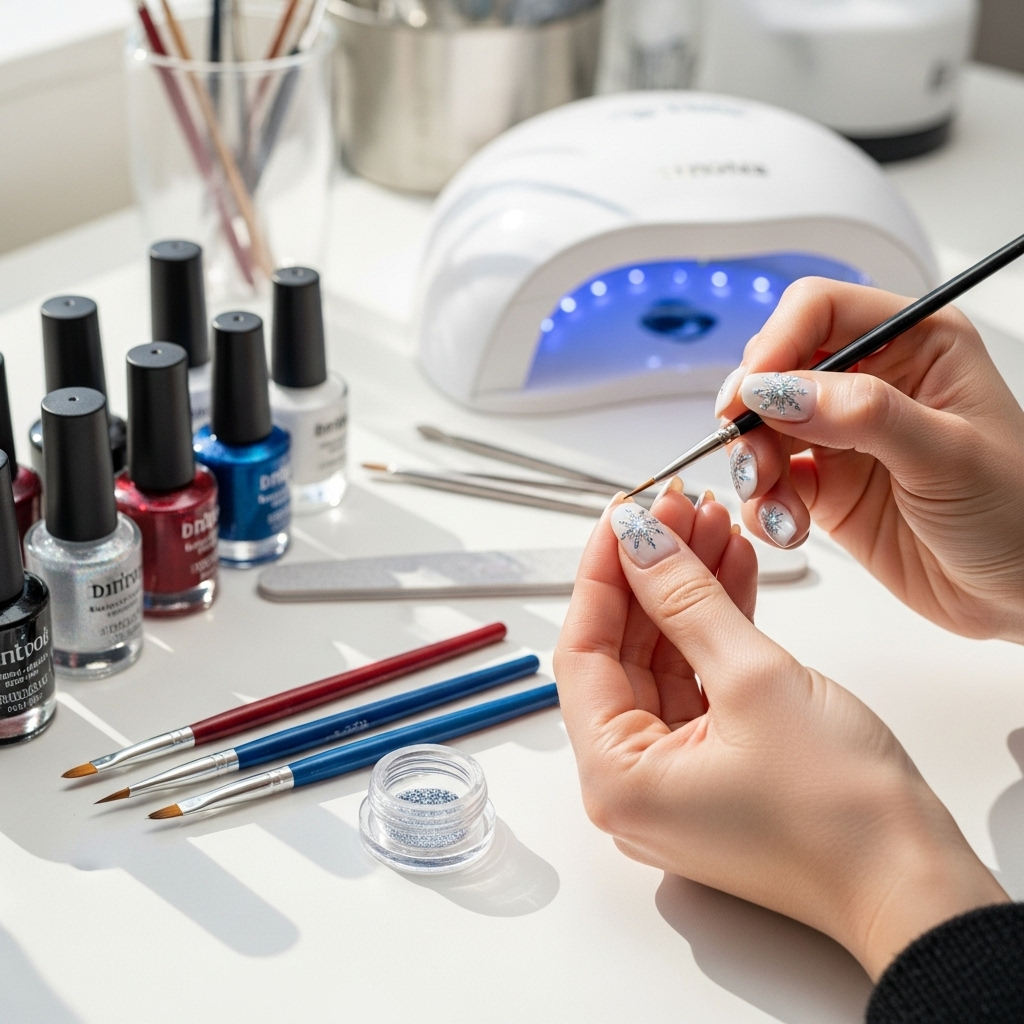 Generate an eye-catching, high-quality featured image prompt for a blog post about: Winter Nail Desi