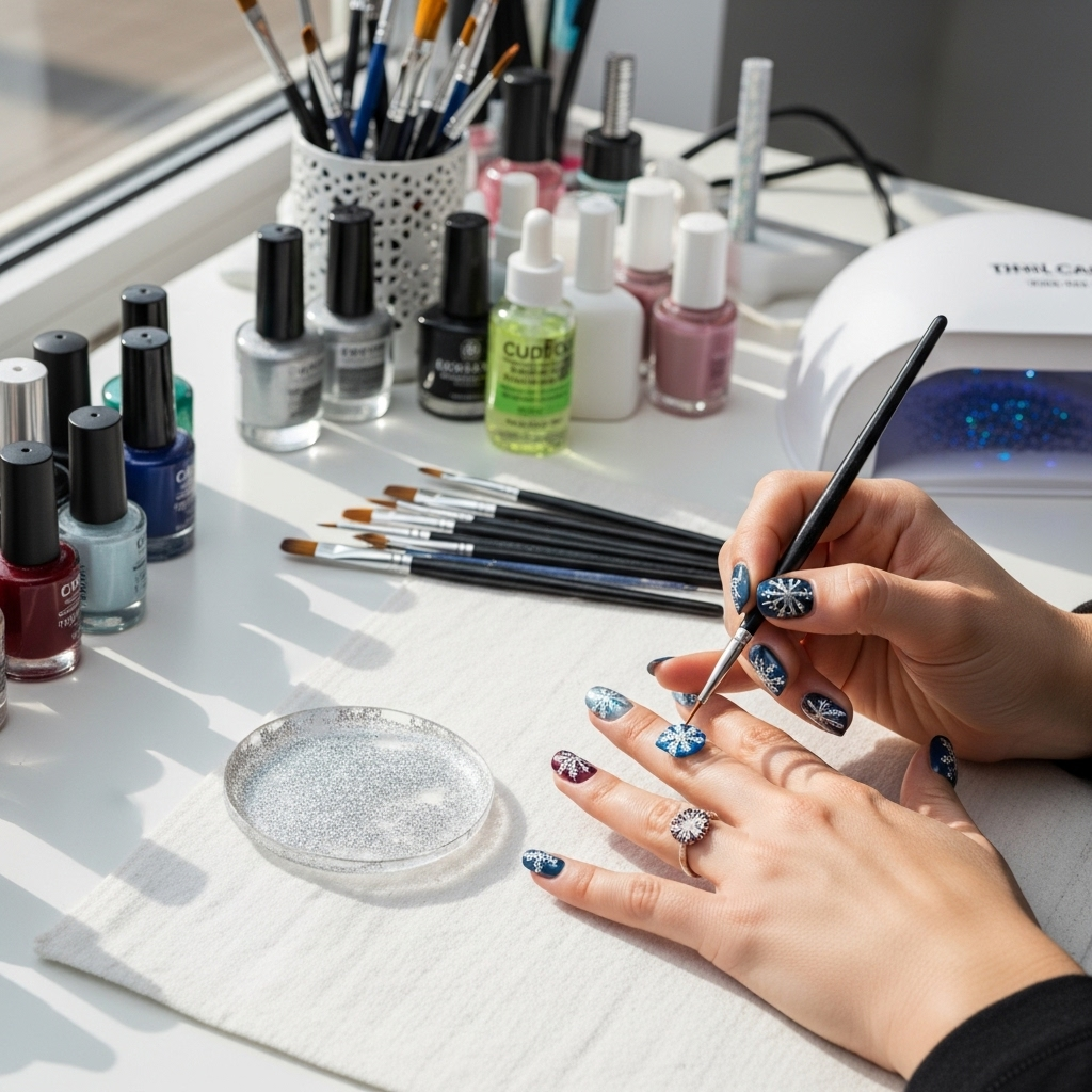 Generate an eye-catching, high-quality featured image prompt for a blog post about: Winter Nail Desi