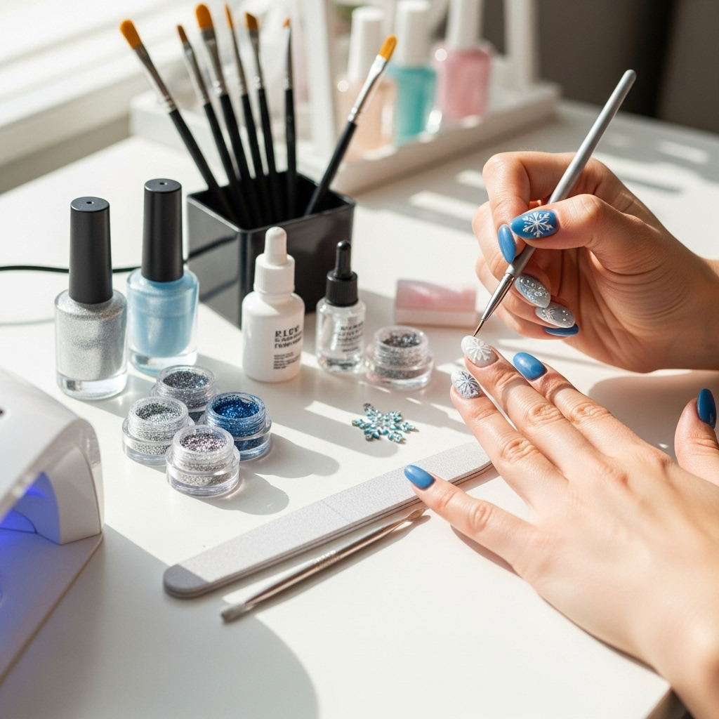 Generate an eye-catching, high-quality featured image prompt for a blog post about: Winter Nail Desi