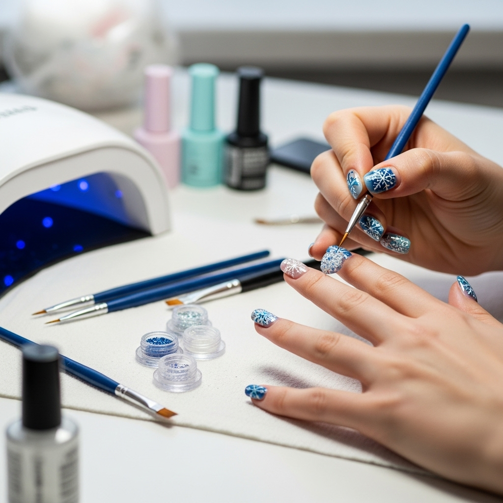 Generate an eye-catching, high-quality featured image prompt for a blog post about: Winter Nail Desi