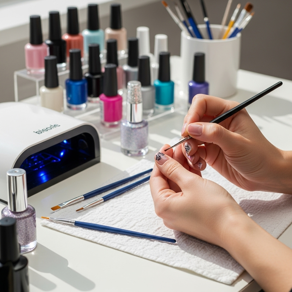 DIY & Tool-Based Nail Designs: Essential Tips 3 Generate an eye-catching, high-quality featured image prompt for a blog post about: DIY & Tool-Based