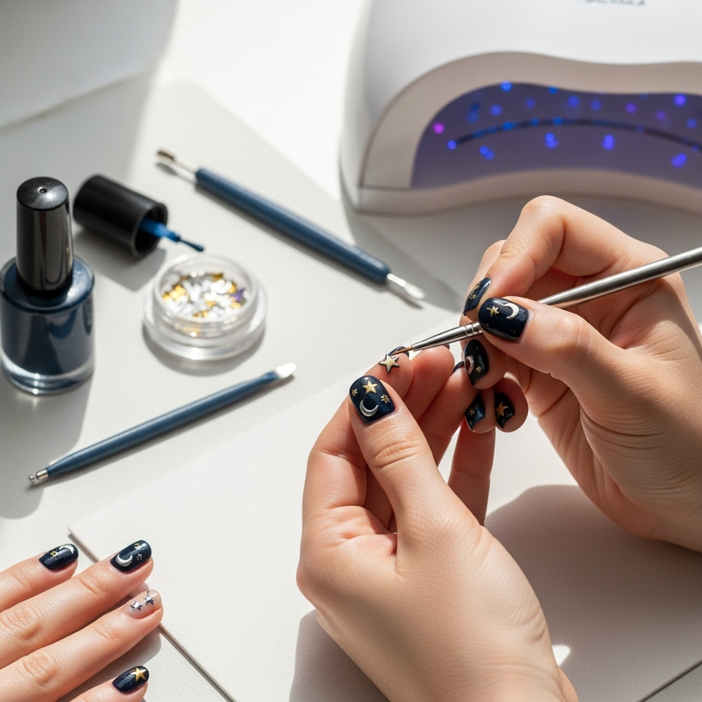 Moon And Stars Nail Art: Essential Guide 4 Generate an eye-catching, high-quality featured image prompt for a blog post about: Moon And Stars N