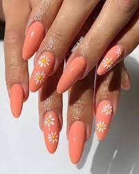 Peach-Color-Nails-with-Floral-Art-4