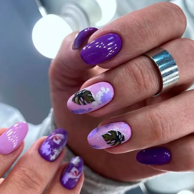 Purple-Floral-and-Leaves-Nails-Art-3