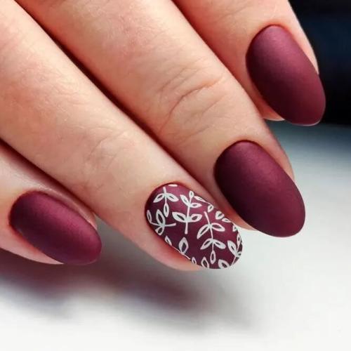 Burgundy-Matte-Nails-With-Flowers-or-Leaves-Art-1