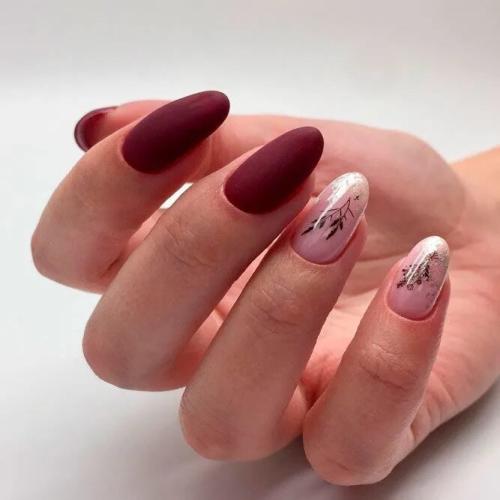 Burgundy-Matte-Nails-With-Flowers-or-Leaves-Art-2