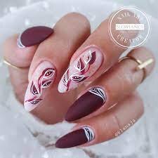 Burgundy-Matte-Nails-With-Flowers-or-Leaves-Art-3