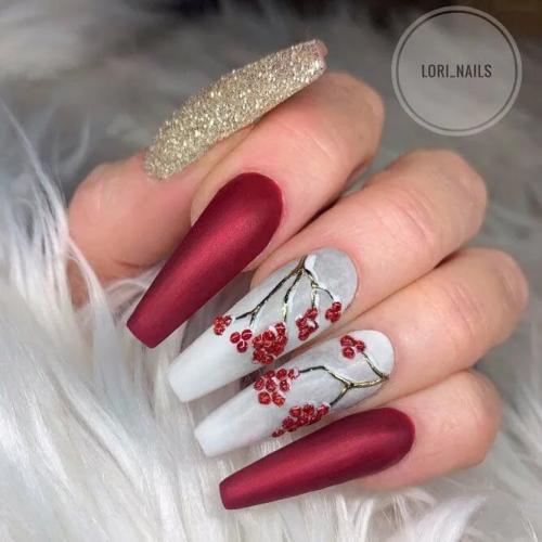 Burgundy-Matte-Nails-with-Gold-Glitter-1
