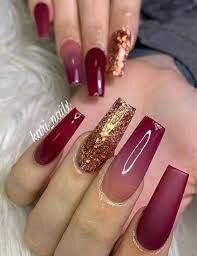 Burgundy-Matte-Nails-with-Gold-Glitter-4