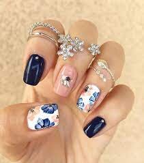 Deep-Blue-Nails-with-Flowers-7