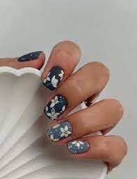 Deep-Blue-Nails-with-Flowers-9