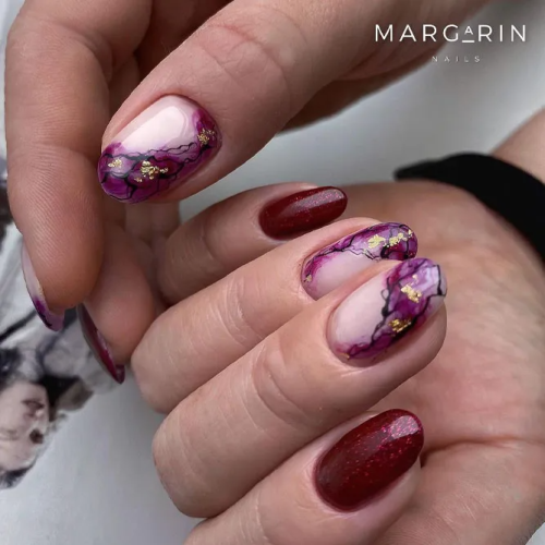 Maroon-Nails-with-Foil-Designs-3