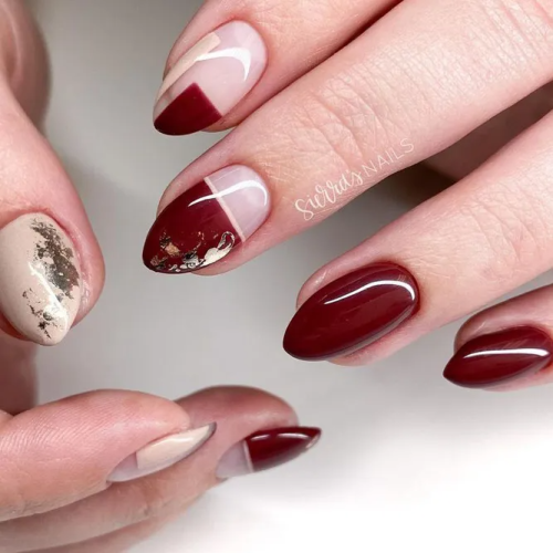 Maroon-Nails-with-Foil-Designs-4