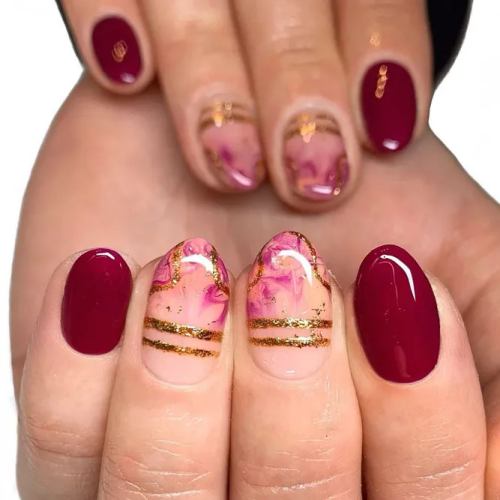Maroon-Nails-with-Golden-Accents-2