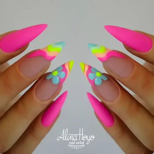 Matte-Pink-Nails-with-Flowers-1