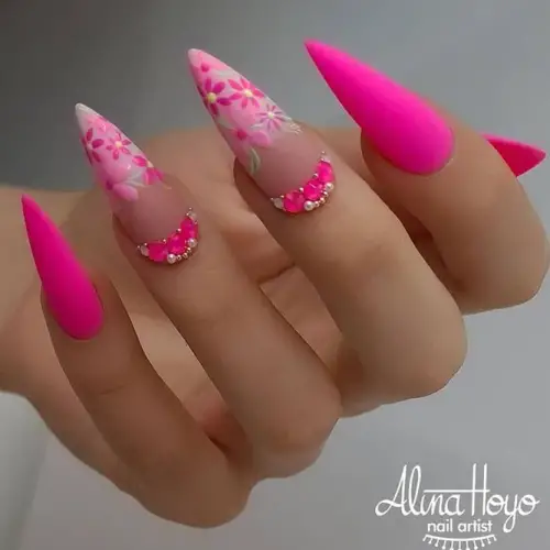 Matte-Pink-Nails-with-Flowers-2