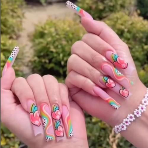 Peach-Color-Nails-with-Floral-Art-1