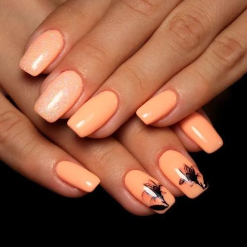 Peach-Color-Nails-with-Floral-Art-2