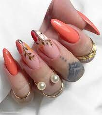 Peach-Color-Nails-with-Floral-Art-9