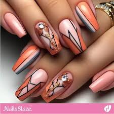 Peach-Nails-With-Stripes-and-Geometric-Pattern-6