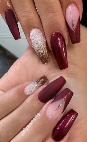 Silver-And-Gold-Glitter-Burgundy-Nails-1